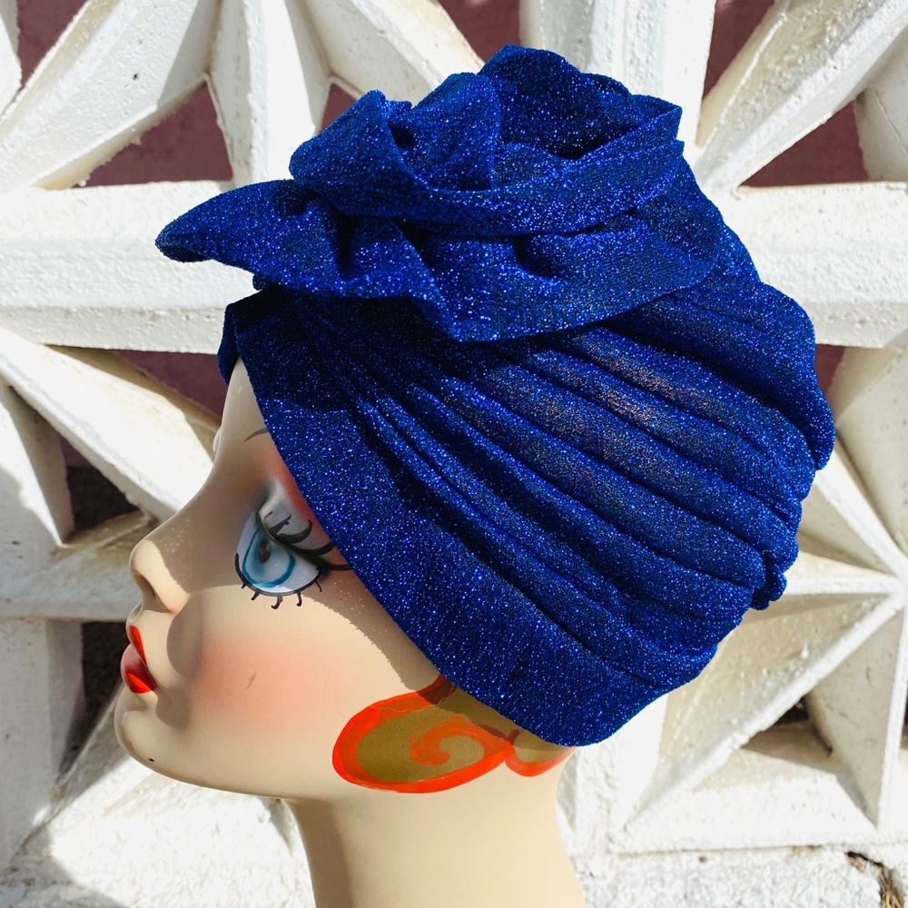 Royal Blue Gorgeous sparkle metallic flower turban - Picture 3 of 4